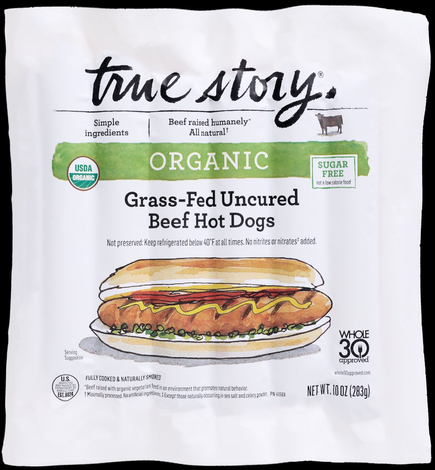 Organic Grass-Fed Uncured Beef Hot Dogs Product Packaging